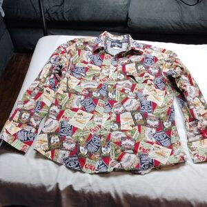 Jack Daniels Red and Green Casual Button Down Shirt with Vintage Stamp Pattern